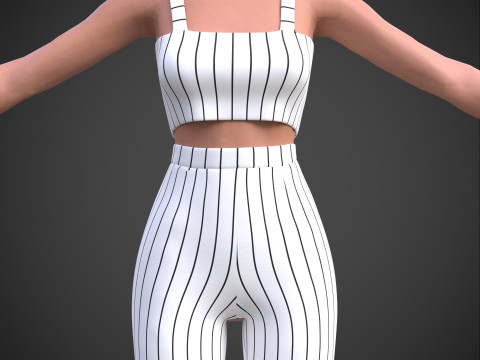 Two-Piece Stripes Outfit Cami Crop Top and Pants Female Clothing 3D Model