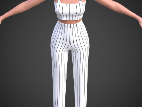 Two-Piece Stripes Outfit Cami Crop Top and Pants Female Clothing 3D Model