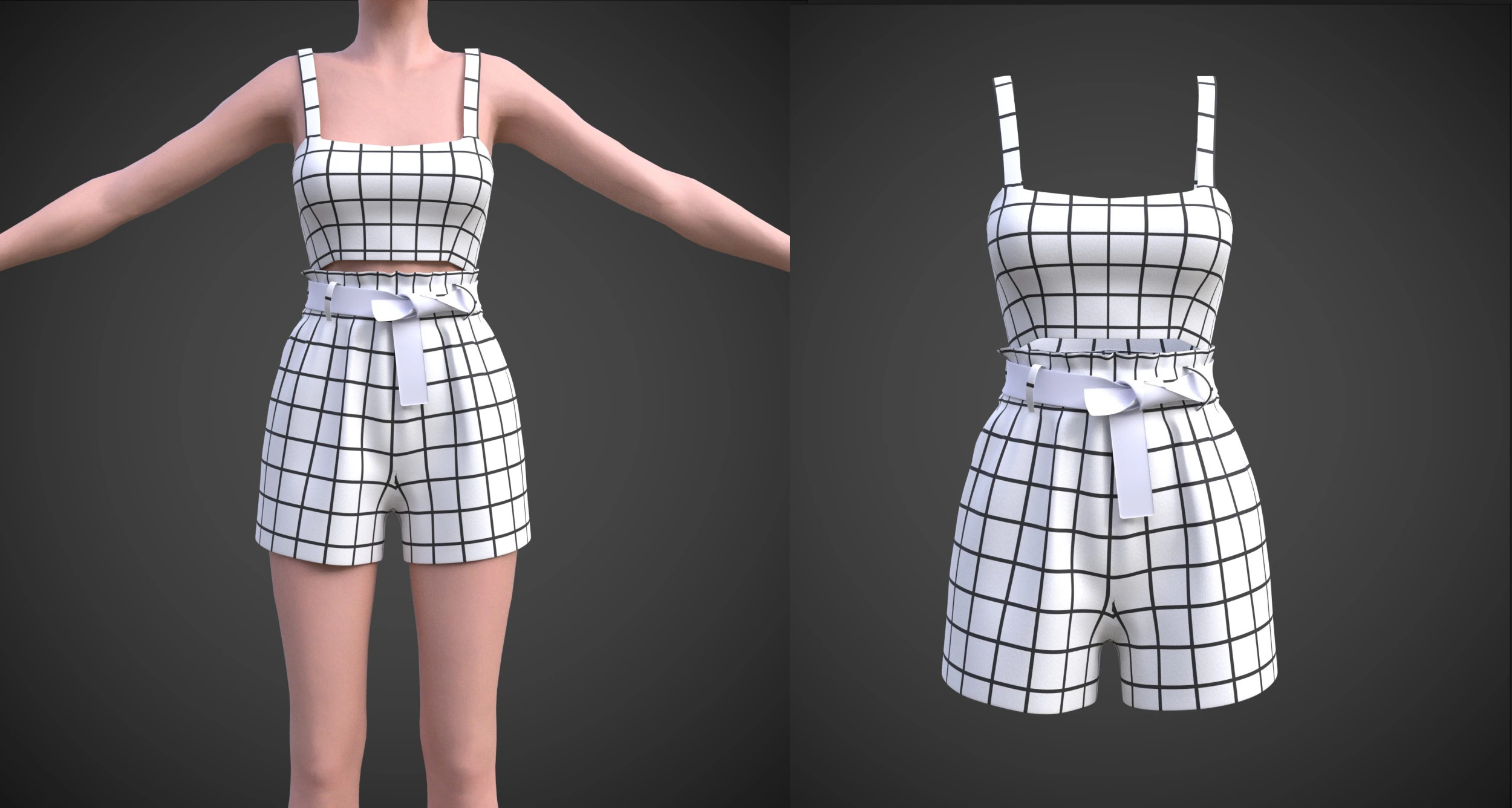 Checkered Two-Piece Outfit Plaid Cami Top and Belted Shorts Female Clothing 3D Model .c4d .max .obj .3ds .fbx .stl .blend