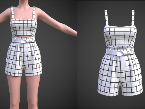 Checkered Two-Piece Outfit Plaid Cami Top and Belted Shorts Female Clothing 3D Model