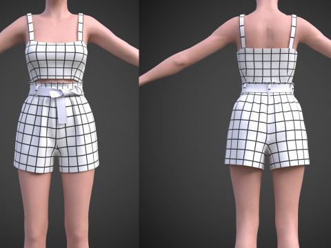 Checkered Two-Piece Outfit Plaid Cami Top and Belted Shorts Female Clothing 3D Model