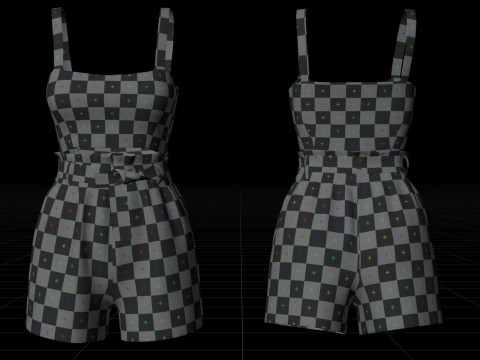 Checkered Two-Piece Outfit Plaid Cami Top and Belted Shorts Female Clothing 3D Model