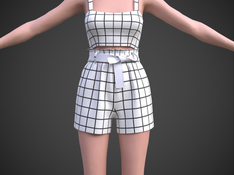 Checkered Two-Piece Outfit Plaid Cami Top and Belted Shorts Female Clothing 3D Model