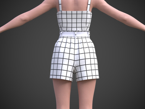 Checkered Two-Piece Outfit Plaid Cami Top and Belted Shorts Female Clothing 3D Model