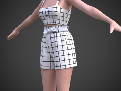 Checkered Two-Piece Outfit Plaid Cami Top and Belted Shorts Female Clothing 3D Model