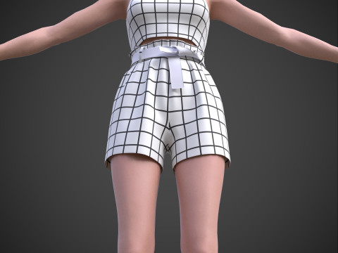 Checkered Two-Piece Outfit Plaid Cami Top and Belted Shorts Female Clothing 3D Model