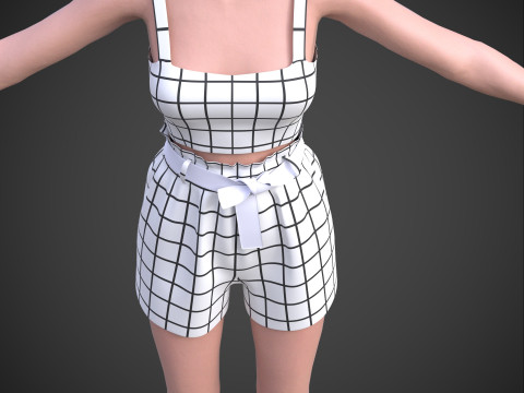 Checkered Two-Piece Outfit Plaid Cami Top and Belted Shorts Female Clothing 3D Model