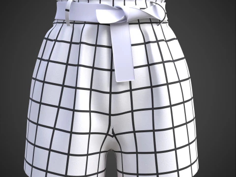 Checkered Two-Piece Outfit Plaid Cami Top and Belted Shorts Female Clothing 3D Model