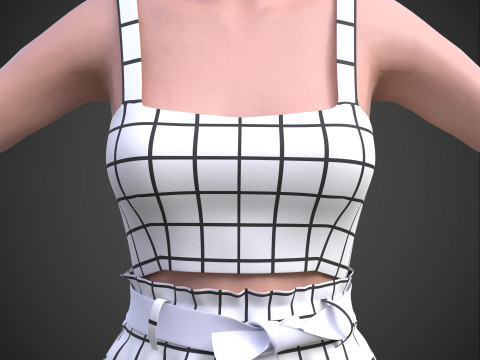 Checkered Two-Piece Outfit Plaid Cami Top and Belted Shorts Female Clothing 3D Model