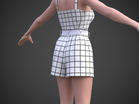 Checkered Two-Piece Outfit Plaid Cami Top and Belted Shorts Female Clothing 3D Model