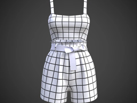 Checkered Two-Piece Outfit Plaid Cami Top and Belted Shorts Female Clothing 3D Model