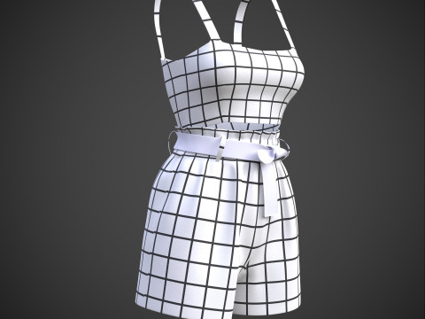 Checkered Two-Piece Outfit Plaid Cami Top and Belted Shorts Female Clothing 3D Model