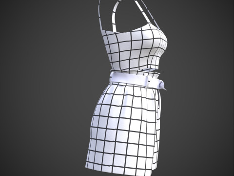 Checkered Two-Piece Outfit Plaid Cami Top and Belted Shorts Female Clothing 3D Model