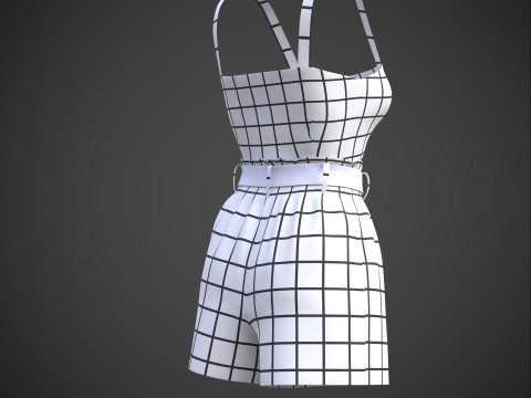 Checkered Two-Piece Outfit Plaid Cami Top and Belted Shorts Female Clothing 3D Model
