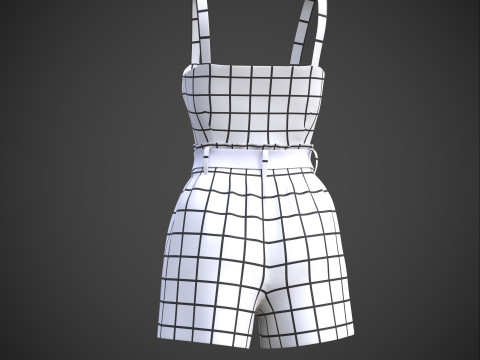 Checkered Two-Piece Outfit Plaid Cami Top and Belted Shorts Female Clothing 3D Model