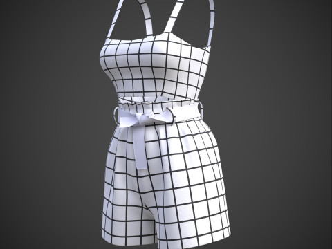 Checkered Two-Piece Outfit Plaid Cami Top and Belted Shorts Female Clothing 3D Model