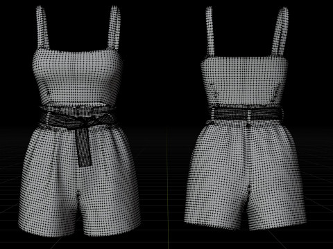 Checkered Two-Piece Outfit Plaid Cami Top and Belted Shorts Female Clothing 3D Model