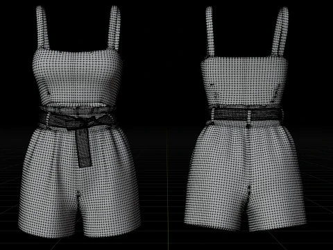 Checkered Two-Piece Outfit Plaid Cami Top and Belted Shorts Female Clothing 3D Model