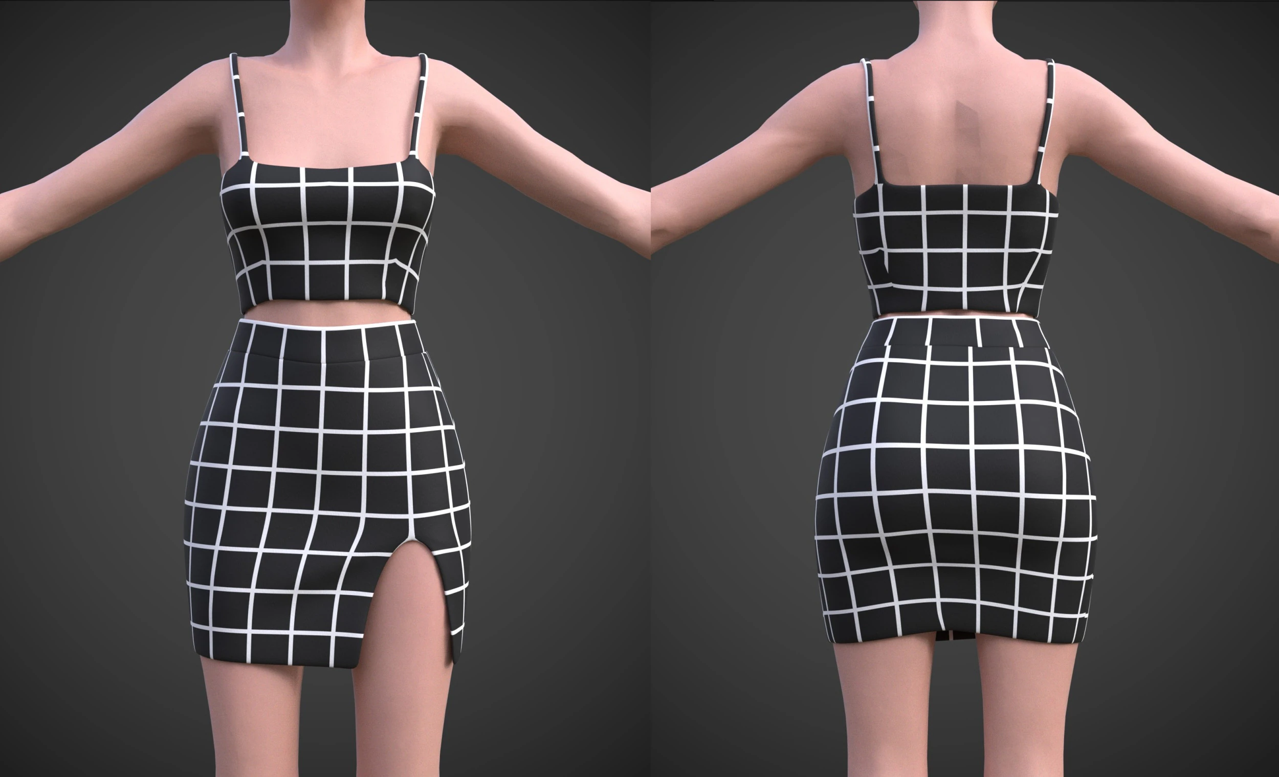 Two-Piece Outfit Plaid Singlet Crop Top and Mini Skirt Female Clothing Asset 3D Model .c4d .max .obj .3ds .fbx .stl .blend 