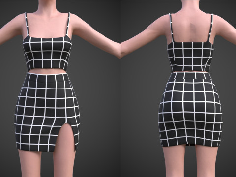 Two-Piece Outfit Plaid Singlet Crop Top and Mini Skirt Female Clothing Asset 3D Model