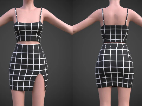 Roupa de duas pe&ccedil;as xadrez singlet top e mini saia roupas femininas ativo Modelo 3D