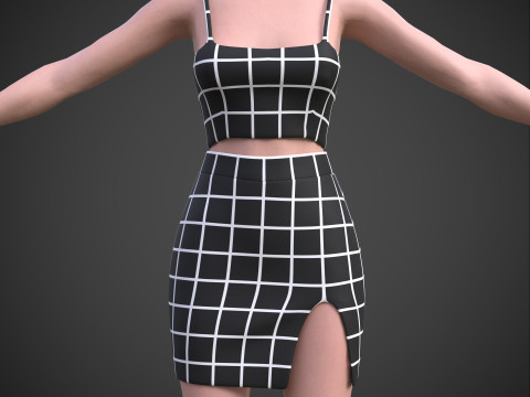 Two-Piece Outfit Plaid Singlet Crop Top and Mini Skirt Female Clothing Asset 3D Model