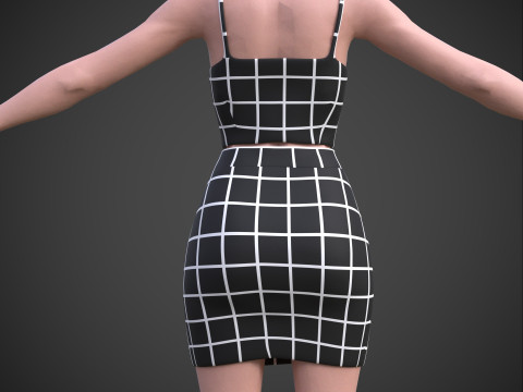 Two-Piece Outfit Plaid Singlet Crop Top and Mini Skirt Female Clothing Asset 3D Model