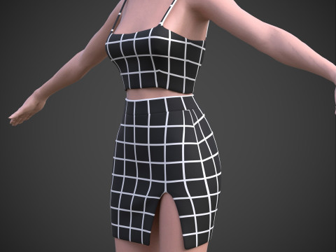 Two-Piece Outfit Plaid Singlet Crop Top and Mini Skirt Female Clothing Asset 3D Model
