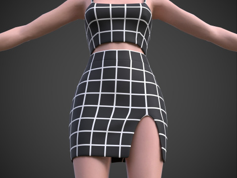 Two-Piece Outfit Plaid Singlet Crop Top and Mini Skirt Female Clothing Asset 3D Model