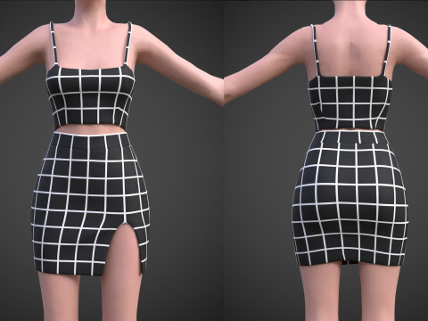 Two-Piece Outfit Plaid Singlet Crop Top and Mini Skirt Female Clothing Asset 3D Model