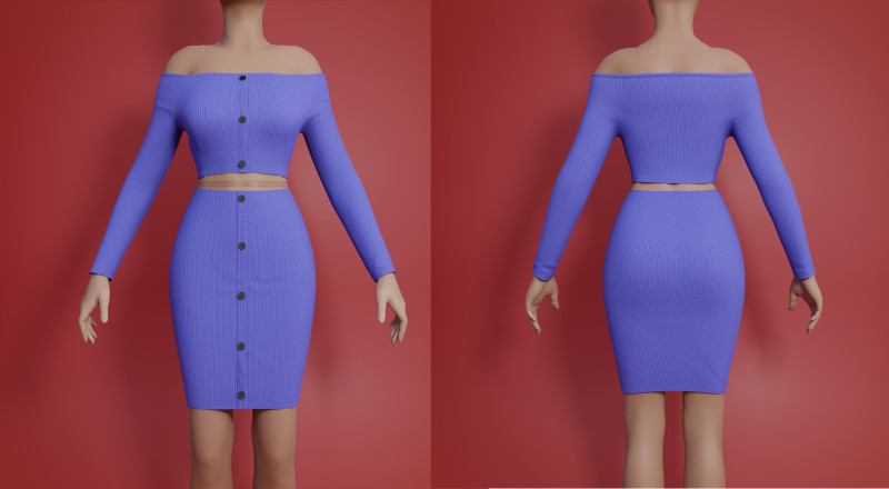 Sexy Off-Shoulder 2-Piece Set Knitted Bodycon Crop Top and Mini Skirt Female Clothing Asset 3D Model .c4d .max .obj .3ds .fbx .stl .blend