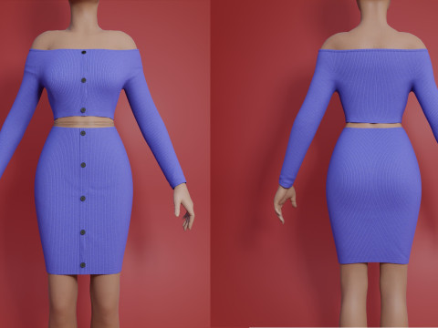 Sexy Off-Shoulder 2-Piece Set Knitted Bodycon Crop Top and Mini Skirt Female Clothing Asset 3D Model