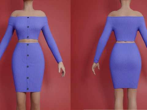 Sexy fora do ombro conjunto de 2 pe&ccedil;as de malha bodycon colheita superior e mini saia roupas femininas ativo Modelo 3D