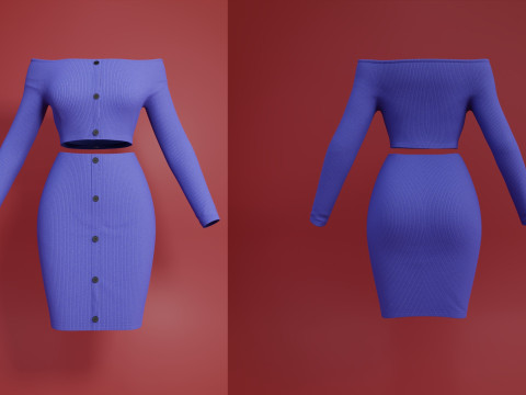 Sexy Off-Shoulder 2-Piece Set Knitted Bodycon Crop Top and Mini Skirt Female Clothing Asset 3D Model