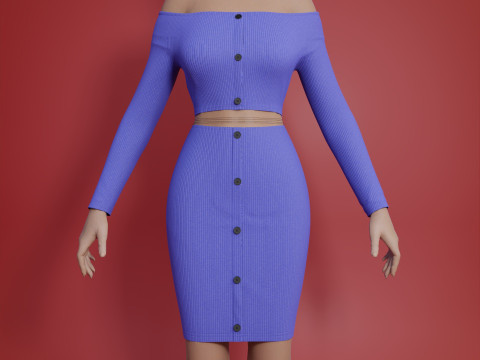 Sexy Off-Shoulder 2-Piece Set Knitted Bodycon Crop Top and Mini Skirt Female Clothing Asset 3D Model