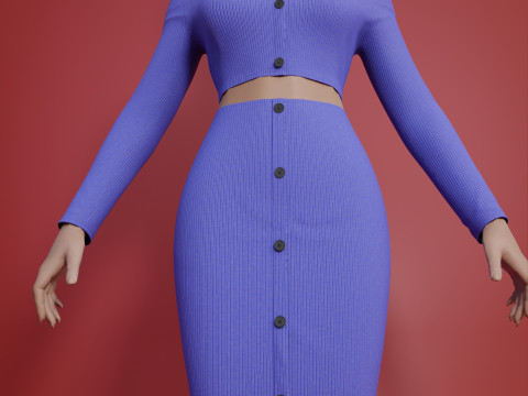 Sexy Off-Shoulder 2-Piece Set Knitted Bodycon Crop Top and Mini Skirt Female Clothing Asset 3D Model