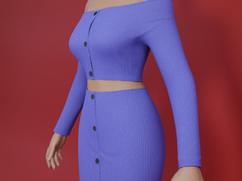 Sexy Off-Shoulder 2-Piece Set Knitted Bodycon Crop Top and Mini Skirt Female Clothing Asset 3D Model