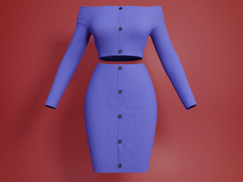 Sexy Off-Shoulder 2-Piece Set Knitted Bodycon Crop Top and Mini Skirt Female Clothing Asset 3D Model