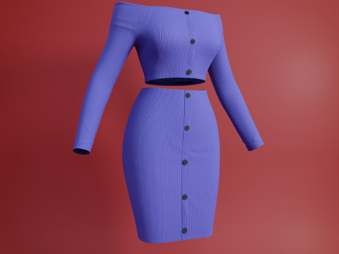 Sexy Off-Shoulder 2-Piece Set Knitted Bodycon Crop Top and Mini Skirt Female Clothing Asset 3D Model
