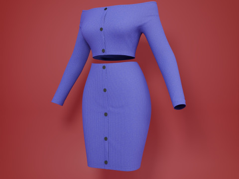 Sexy Off-Shoulder 2-Piece Set Knitted Bodycon Crop Top and Mini Skirt Female Clothing Asset 3D Model