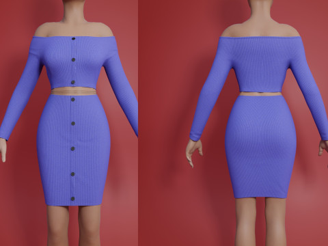 Sexy Off-Shoulder 2-Piece Set Knitted Bodycon Crop Top and Mini Skirt Female Clothing Asset 3D Model