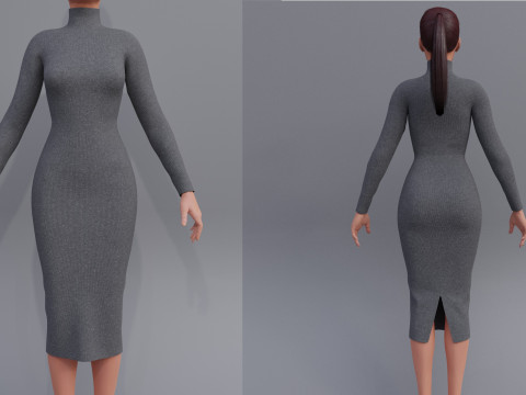 Long sleeve Turtleneck Bodycon Wool Dress 3D Female Clothing Asset 3D Model
