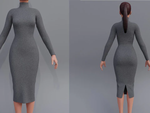 Vestido de l&atilde; bodycon de manga comprida com gola alta 3D ativo de roupas femininas Modelo 3D