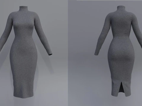 Long sleeve Turtleneck Bodycon Wool Dress 3D Female Clothing Asset 3D Model
