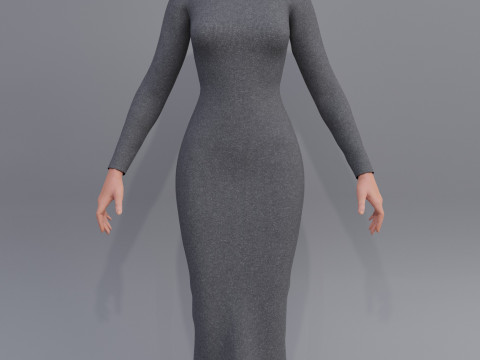 Long sleeve Turtleneck Bodycon Wool Dress 3D Female Clothing Asset 3D Model