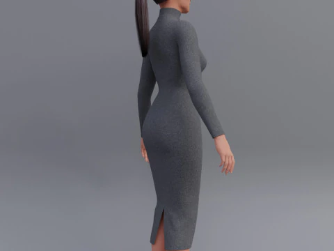 Long sleeve Turtleneck Bodycon Wool Dress 3D Female Clothing Asset 3D Model