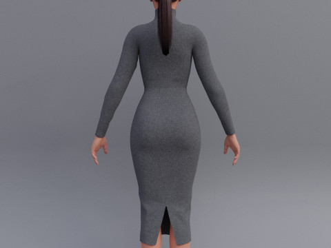 Long sleeve Turtleneck Bodycon Wool Dress 3D Female Clothing Asset 3D Model
