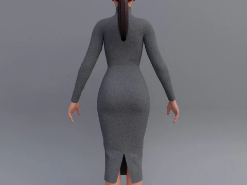 Long sleeve Turtleneck Bodycon Wool Dress 3D Female Clothing Asset 3D Model