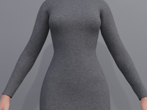 Long sleeve Turtleneck Bodycon Wool Dress 3D Female Clothing Asset 3D Model