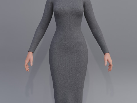 Long sleeve Turtleneck Bodycon Wool Dress 3D Female Clothing Asset 3D Model